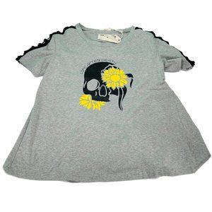 Womens Shirt Size Small Gray Short Sleeve Open Back Tie Skull Sunflower Graphic